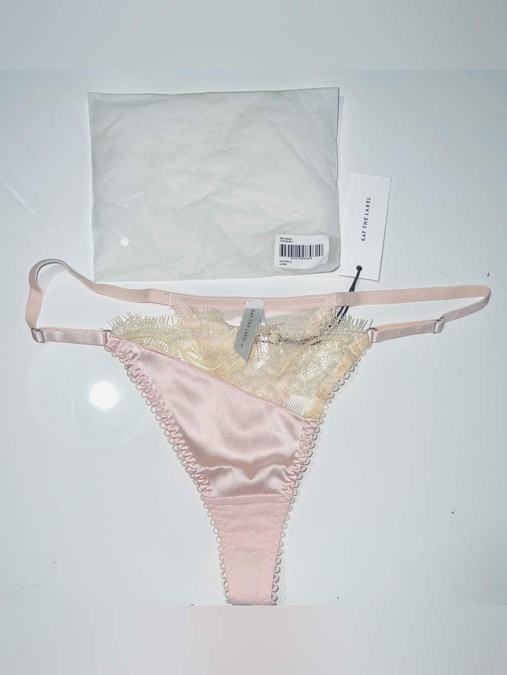 Kat The Label Rae satin lace thong in ballerina pink - Large